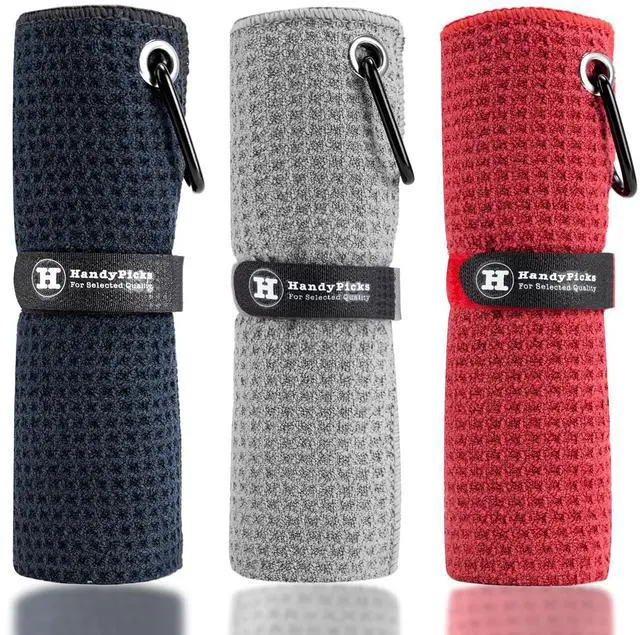 Main image of Microfiber Golf Towel (16" X 16") with Carabiner Clip, Waffle Pattern Hook and Loop Fastener - The Convenient Golf Cleaning Towel Black/Grey/Red