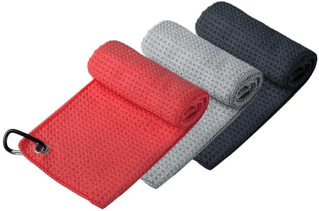 Alt view image 2 of 4 - Microfiber Golf Towel (16" X 16") with Carabiner Clip, Waffle Pattern Hook and Loop Fastener - The Convenient Golf Cleaning Towel Black/Grey/Red