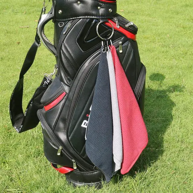 Alt view image 3 of 4 - Microfiber Golf Towel (16" X 16") with Carabiner Clip, Waffle Pattern Hook and Loop Fastener - The Convenient Golf Cleaning Towel Black/Grey/Red