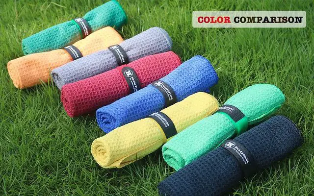 Alt view image 4 of 4 - Microfiber Golf Towel (16" X 16") with Carabiner Clip, Waffle Pattern Hook and Loop Fastener - The Convenient Golf Cleaning Towel Black/Grey/Red