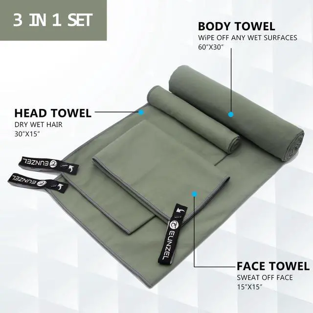 Alt view image 2 of 7 - Quick Dry Camping Towel, Microfiber Travel Towel 3 Size at 1 Pack,Fast Drying Towel Set for Camping, Beach, Gym, Sports, Yoga & Swimming Pool, Army Green