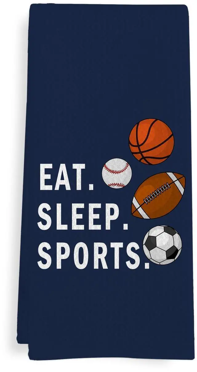Main image of Boys Kids Sports Kitchen Towels, Navy Blue Boys Sport Themed Dish Tea Towels for Kitchen, Basketball Soccer Football Baseball Decorative Hand Towel for Bathroom, Eat Sleep Sports, 16x24 in