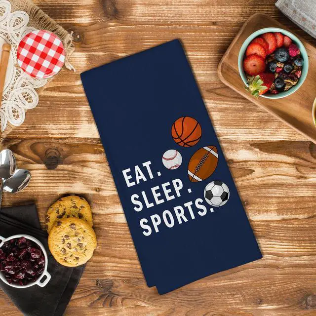 Alt view image 3 of 7 - Boys Kids Sports Kitchen Towels, Navy Blue Boys Sport Themed Dish Tea Towels for Kitchen, Basketball Soccer Football Baseball Decorative Hand Towel for Bathroom, Eat Sleep Sports, 16x24 in
