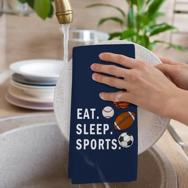 Alt view image 4 of 7 - Boys Kids Sports Kitchen Towels, Navy Blue Boys Sport Themed Dish Tea Towels for Kitchen, Basketball Soccer Football Baseball Decorative Hand Towel for Bathroom, Eat Sleep Sports, 16x24 in