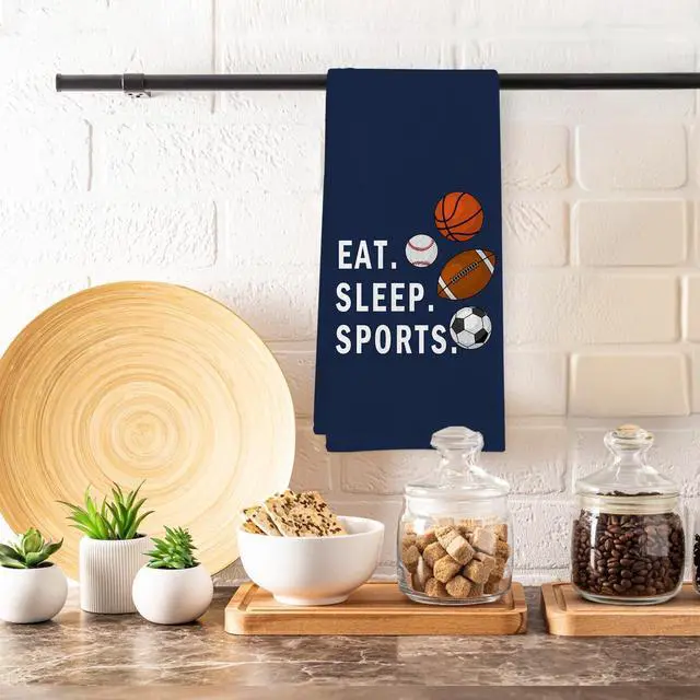 Alt view image 5 of 7 - Boys Kids Sports Kitchen Towels, Navy Blue Boys Sport Themed Dish Tea Towels for Kitchen, Basketball Soccer Football Baseball Decorative Hand Towel for Bathroom, Eat Sleep Sports, 16x24 in
