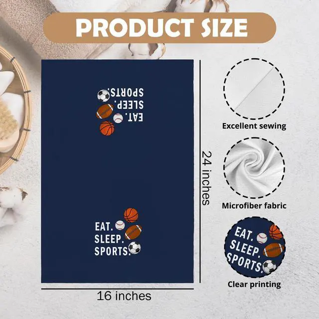 Alt view image 7 of 7 - Boys Kids Sports Kitchen Towels, Navy Blue Boys Sport Themed Dish Tea Towels for Kitchen, Basketball Soccer Football Baseball Decorative Hand Towel for Bathroom, Eat Sleep Sports, 16x24 in