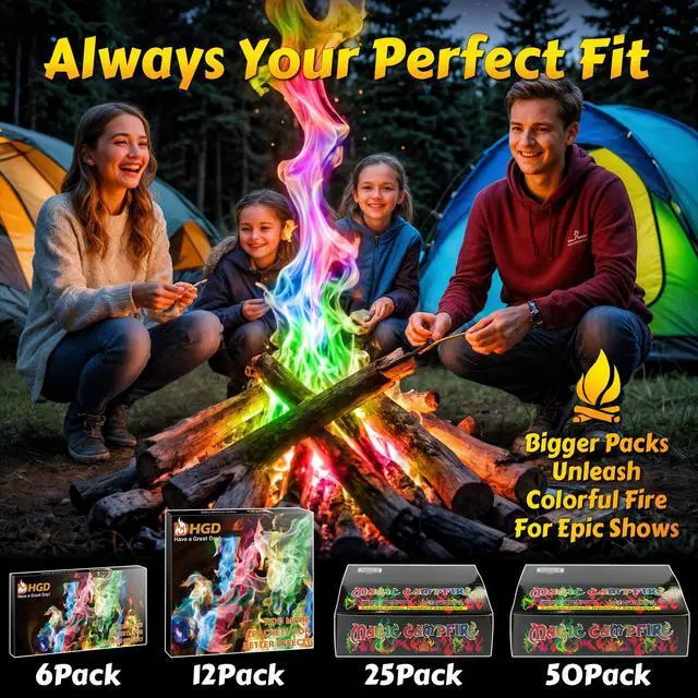 Alt view image 6 of 7 - (6 Pack) Magic Campfire Fire Color Changing Packets for Fire Pit, Indoor/Outdoor Fireplace, Bonfire - Rainbow Magical Flame, Camping Accessory, Compatible with Wood