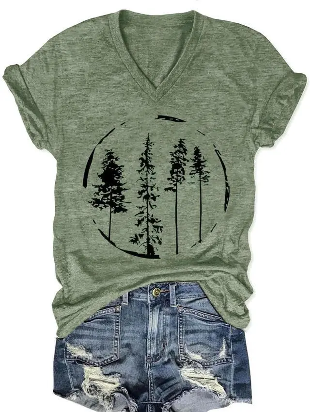 Main image of Funny Graphic V Neck Women Skinny Pine Tree Shirt Summer Hiking Camping Athletic Tees Nature Casual Comfy Clothes (Green2, M)
