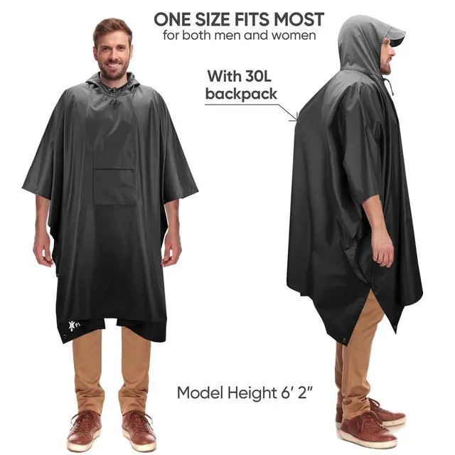 Alt view image 4 of 7 - 3-in-1 Hooded Rain Poncho for Adult with Pocket, Waterproof Lightweight Unisex Raincoat for Hiking Camping Emergency (Black)