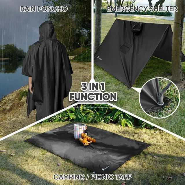 Alt view image 2 of 7 - 3-in-1 Hooded Rain Poncho for Adult with Pocket, Waterproof Lightweight Unisex Raincoat for Hiking Camping Emergency (Black)