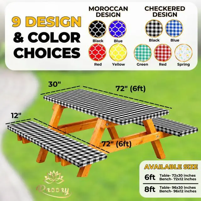 Alt view image 2 of 7 - Vinyl Fitted Picnic Table Cover with Bench Covers & Bag 6ft Black Checkered
