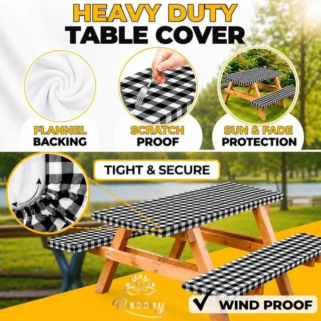 Alt view image 3 of 7 - Vinyl Fitted Picnic Table Cover with Bench Covers & Bag 6ft Black Checkered