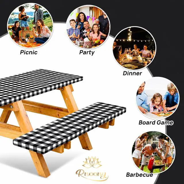 Alt view image 5 of 7 - Vinyl Fitted Picnic Table Cover with Bench Covers & Bag 6ft Black Checkered