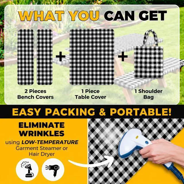 Alt view image 7 of 7 - Vinyl Fitted Picnic Table Cover with Bench Covers & Bag 6ft Black Checkered