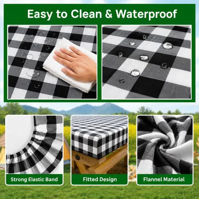 Alt view image 4 of 7 - Vinyl Fitted Picnic Table Cover with Bench Covers & Bag 6ft Black Checkered