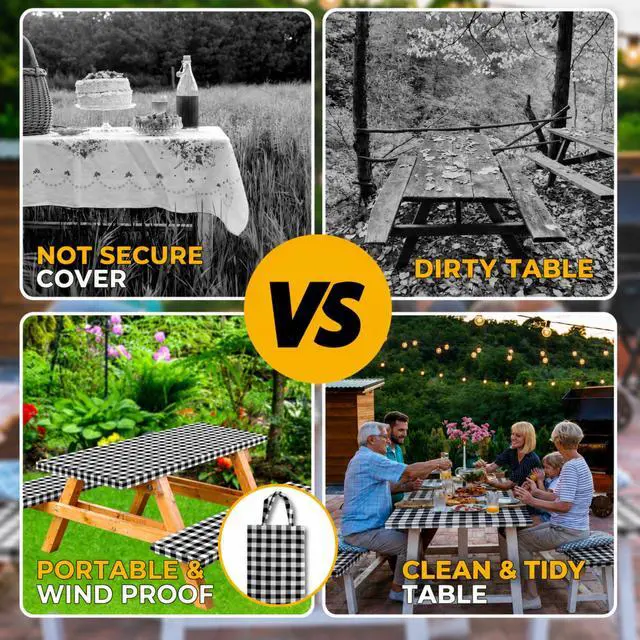 Alt view image 6 of 7 - Vinyl Fitted Picnic Table Cover with Bench Covers & Bag 6ft Black Checkered