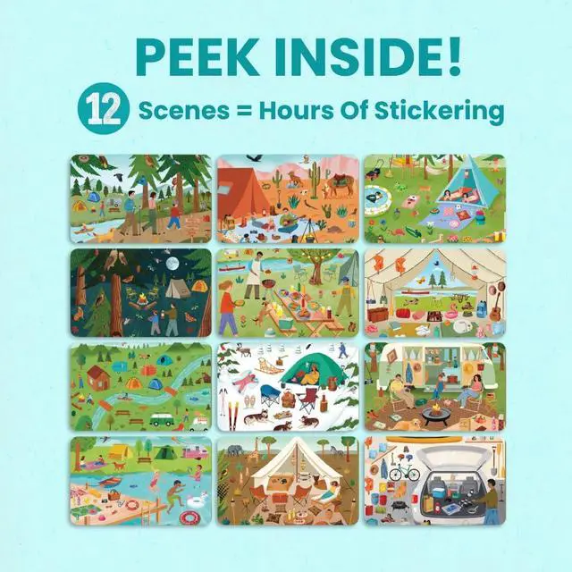 Alt view image 6 of 7 - Camping 500+ Kids Sticker Book Fun Toddler Travel Activity Coloring and Sticker Book, Road Trip Essentials, 12 Coloring Pages + 12 Side by Side Scenes for Ages 28 Years