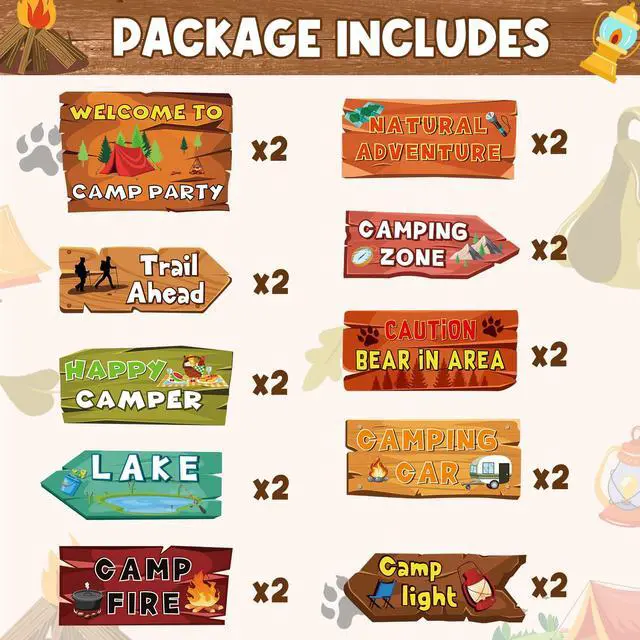 Alt view image 2 of 7 - 20 Pieces Camping Themed Party Decorations Camping Party Directional Signs for Summer Camp Decor Welcome to Camp Birthday Party Supplies Classroom Wall Door Porch Yard Sign