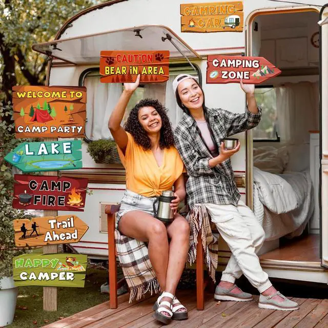Alt view image 4 of 7 - 20 Pieces Camping Themed Party Decorations Camping Party Directional Signs for Summer Camp Decor Welcome to Camp Birthday Party Supplies Classroom Wall Door Porch Yard Sign