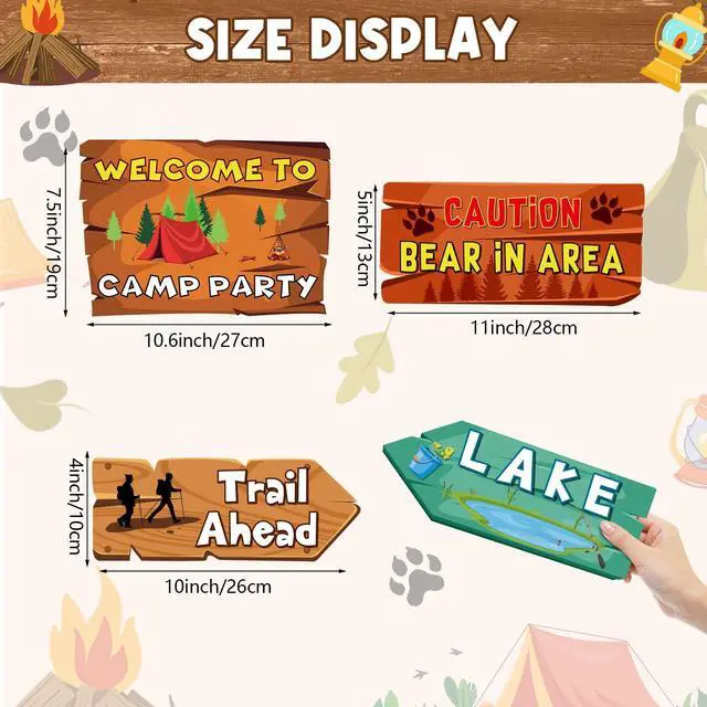 Alt view image 5 of 7 - 20 Pieces Camping Themed Party Decorations Camping Party Directional Signs for Summer Camp Decor Welcome to Camp Birthday Party Supplies Classroom Wall Door Porch Yard Sign