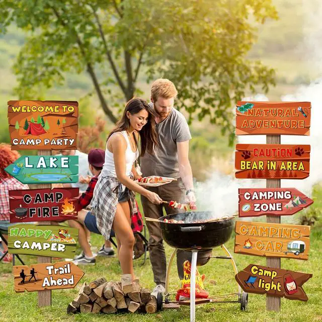Alt view image 6 of 7 - 20 Pieces Camping Themed Party Decorations Camping Party Directional Signs for Summer Camp Decor Welcome to Camp Birthday Party Supplies Classroom Wall Door Porch Yard Sign