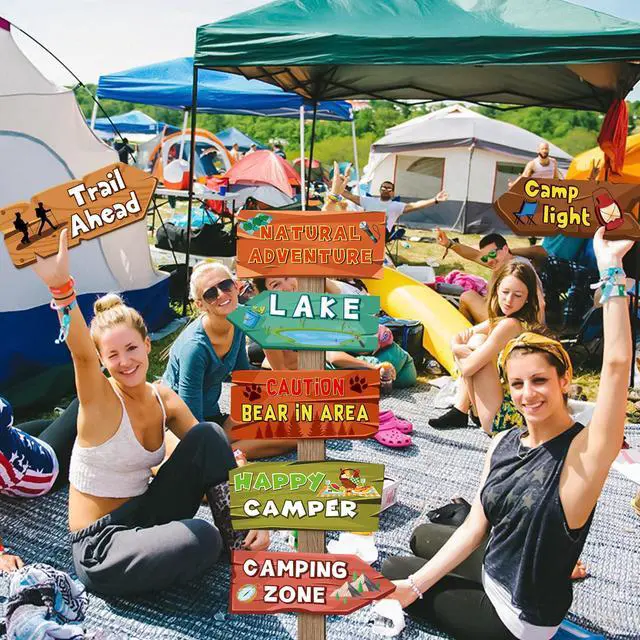 Alt view image 7 of 7 - 20 Pieces Camping Themed Party Decorations Camping Party Directional Signs for Summer Camp Decor Welcome to Camp Birthday Party Supplies Classroom Wall Door Porch Yard Sign