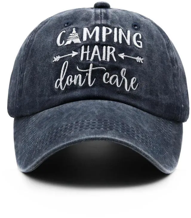 Main image of Women's Embroidered Camping Hair Don't Care Hat Washed Cotton Cap Navy