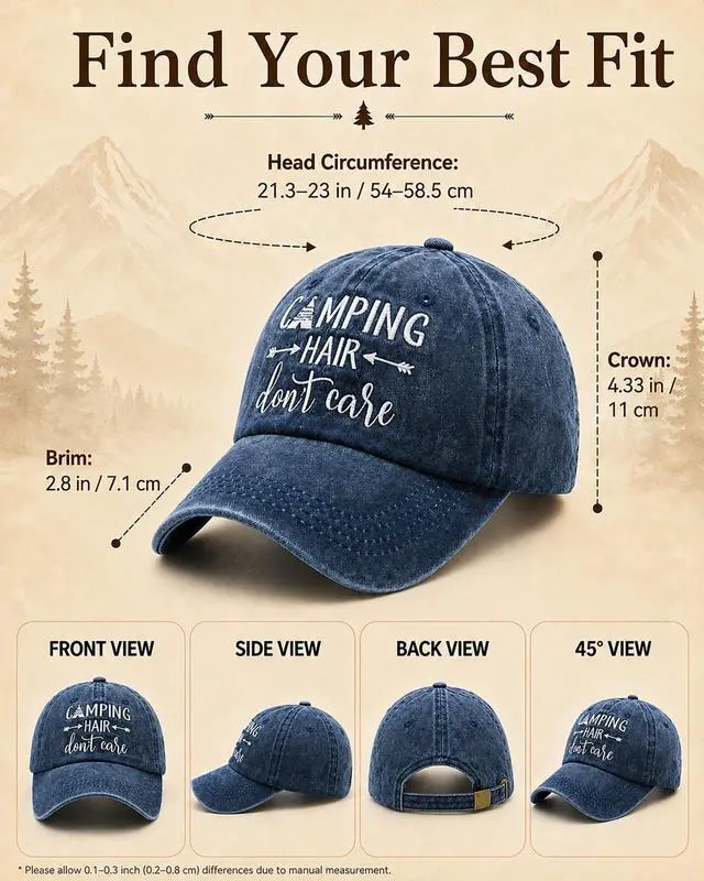 Alt view image 4 of 7 - Women's Embroidered Camping Hair Don't Care Hat Washed Cotton Cap Navy