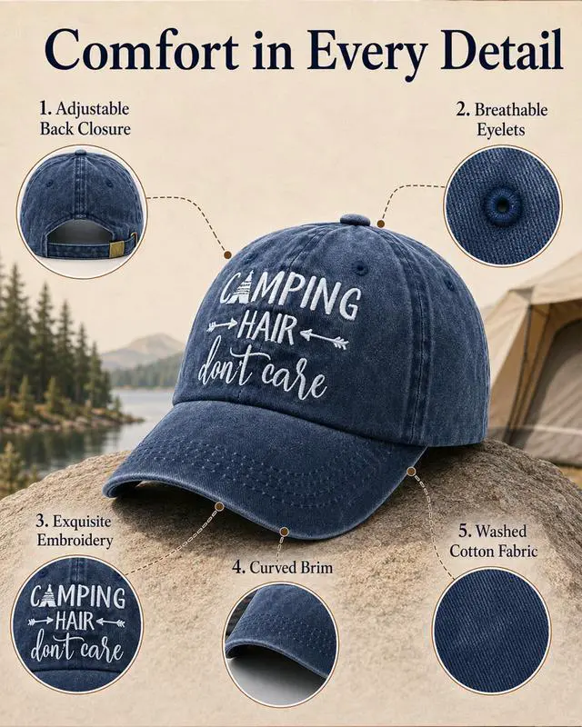 Alt view image 5 of 7 - Women's Embroidered Camping Hair Don't Care Hat Washed Cotton Cap Navy