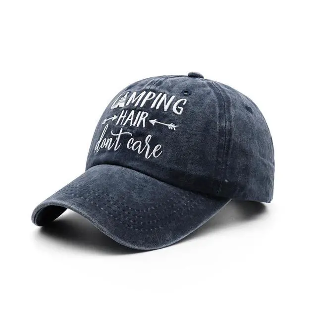 Alt view image 7 of 7 - Women's Embroidered Camping Hair Don't Care Hat Washed Cotton Cap Navy