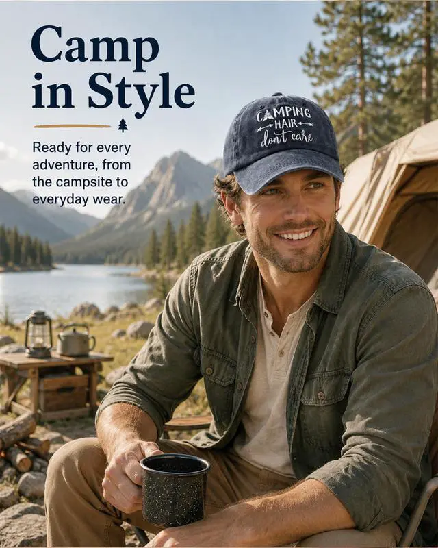 Alt view image 2 of 7 - Women's Embroidered Camping Hair Don't Care Hat Washed Cotton Cap Navy