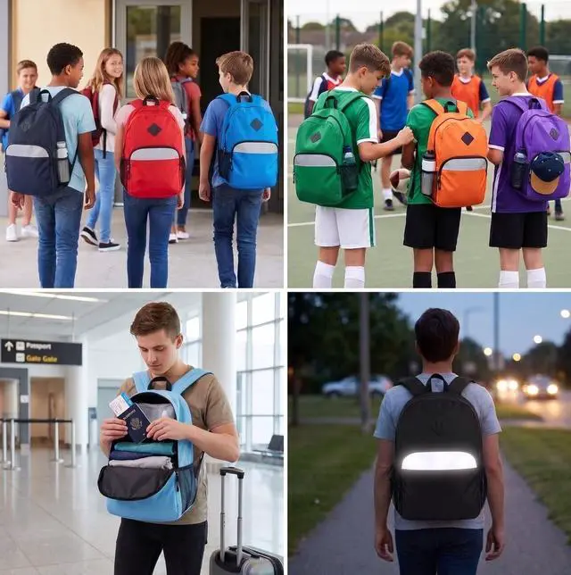 Alt view image 2 of 7 - 17" Backpack Reflective School Backpack with Padded Straps, Water Bottle Pockets for Kids & Adults, School Travel Camp (Khaki)