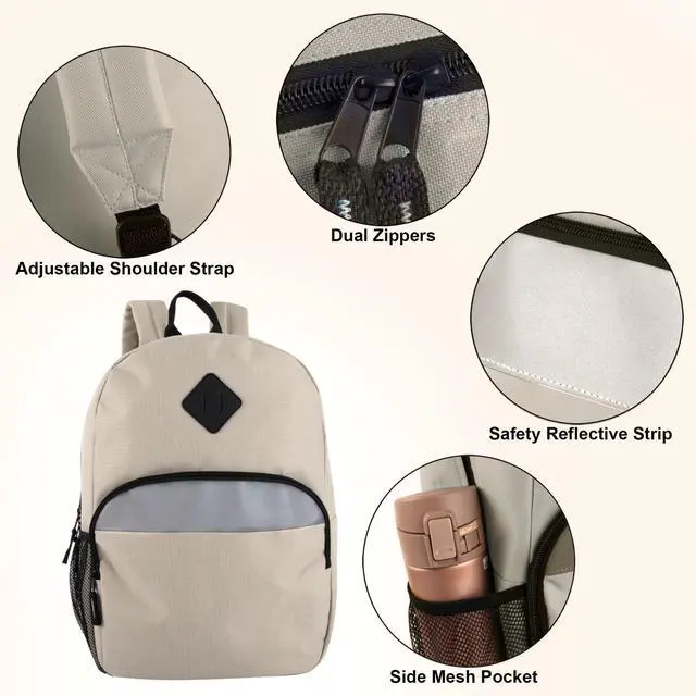 Alt view image 3 of 7 - 17" Backpack Reflective School Backpack with Padded Straps, Water Bottle Pockets for Kids & Adults, School Travel Camp (Khaki)