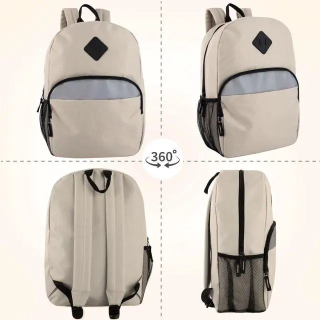 Alt view image 6 of 7 - 17" Backpack Reflective School Backpack with Padded Straps, Water Bottle Pockets for Kids & Adults, School Travel Camp (Khaki)
