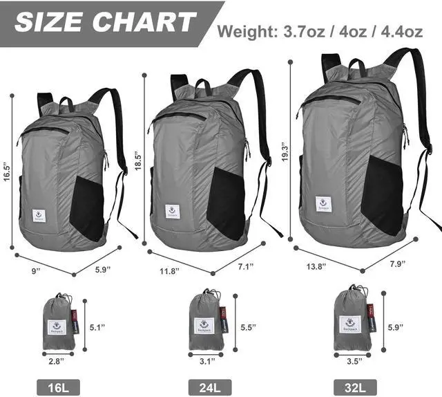 Alt view image 3 of 6 - Hiking Daypack,Water Resistant Lightweight Packable Backpack for Travel Camping Outdoor (Silver, 16L)