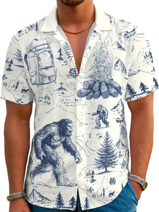 Main image of Funny Animal Print Hawaiian Shirt Camping Button Down Retro Outdoor Camping Party Short Sleeve Cyan
