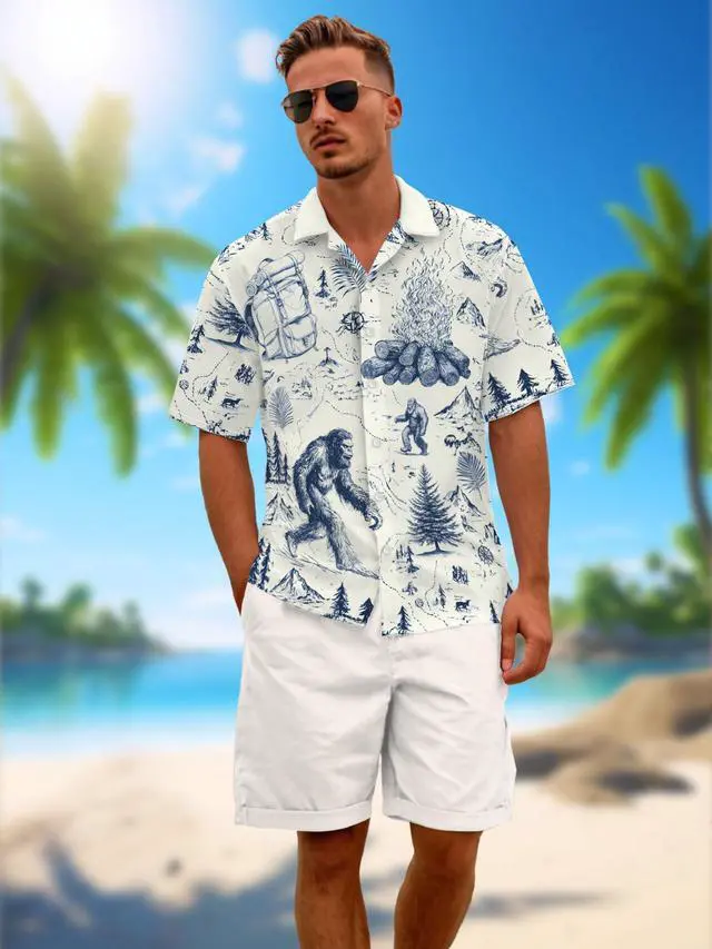 Alt view image 2 of 5 - Funny Animal Print Hawaiian Shirt Camping Button Down Retro Outdoor Camping Party Short Sleeve Cyan