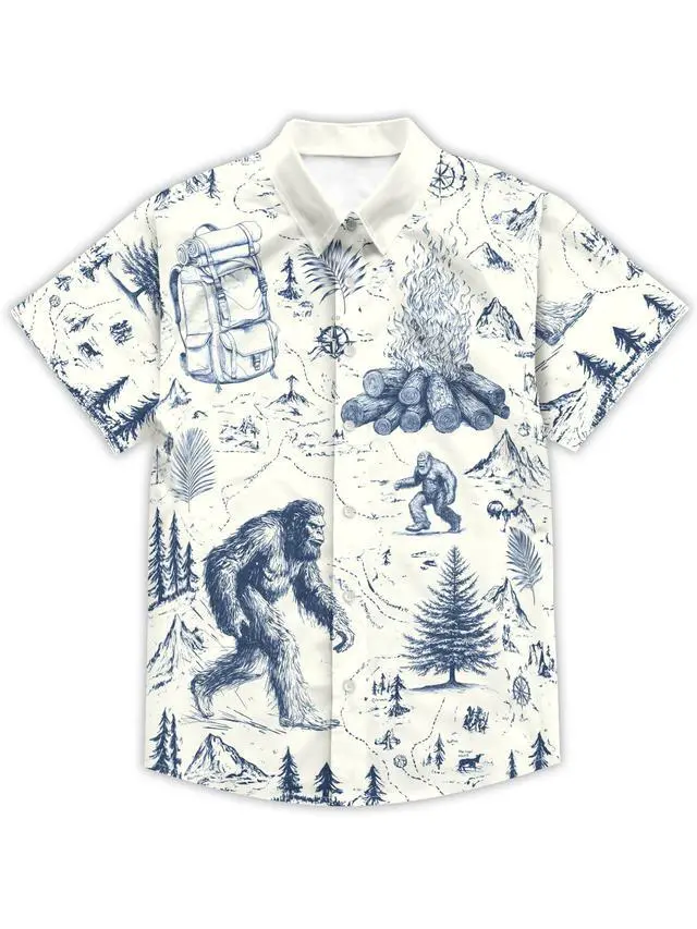 Alt view image 3 of 5 - Funny Animal Print Hawaiian Shirt Camping Button Down Retro Outdoor Camping Party Short Sleeve Cyan