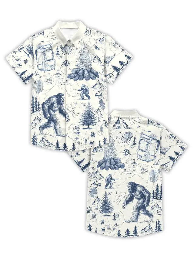 Alt view image 5 of 5 - Funny Animal Print Hawaiian Shirt Camping Button Down Retro Outdoor Camping Party Short Sleeve Cyan