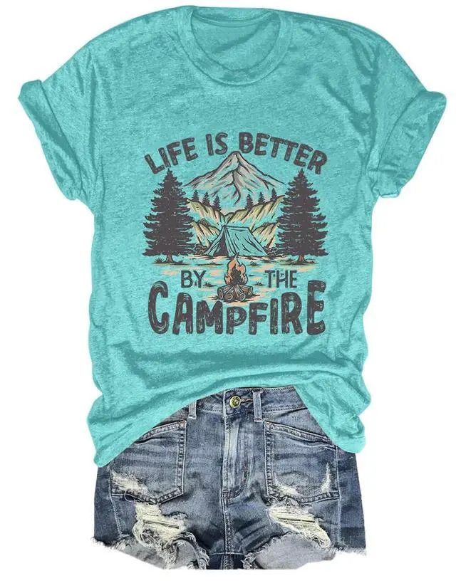 Main image of Camping Shirt Women Life is Better by The Campfire T-Shirt Funny Camper Camp Lover Casual Graphic Tee Top Crewneck (US, Alpha, Medium, Regular, Regular, 01-Water Blue)
