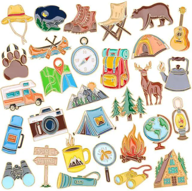 Main image of 60pcs Camping Enamel Pins, Camp Lapel Pins Outdoor Adventure Brooch
