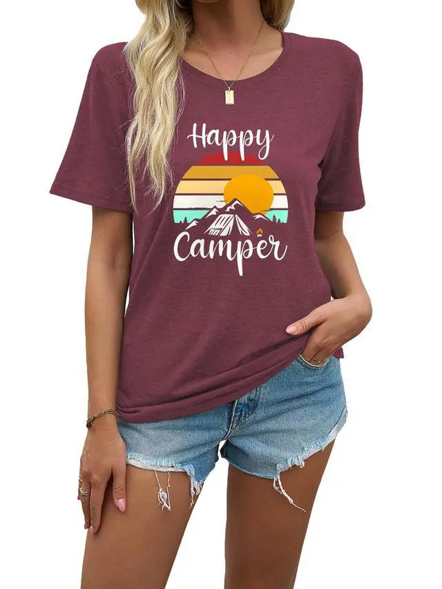 Alt view image 2 of 6 - Happy Camper Shirt for Women Funny Sunset Mountain Graphic Tshirts Summer Hiking Adventure Tee Casual Short Sleeve Tops(TS26, L)