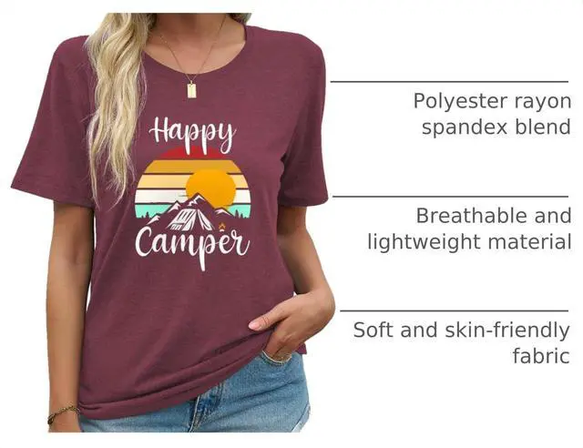 Alt view image 4 of 6 - Happy Camper Shirt for Women Funny Sunset Mountain Graphic Tshirts Summer Hiking Adventure Tee Casual Short Sleeve Tops(TS26, L)