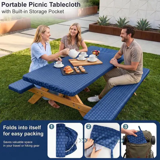 Alt view image 3 of 7 - Picnic Table Cover with Bench Covers Camping Tablecloth Set with Pocket