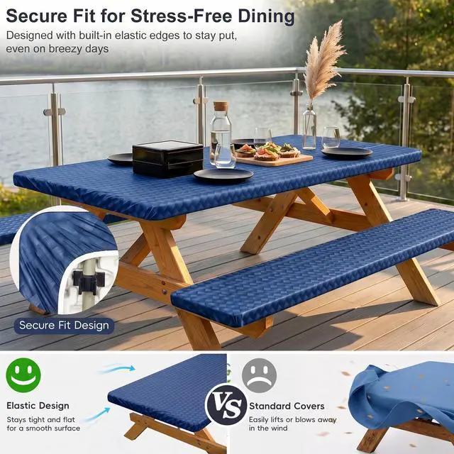 Alt view image 2 of 7 - Picnic Table Cover with Bench Covers Camping Tablecloth Set with Pocket