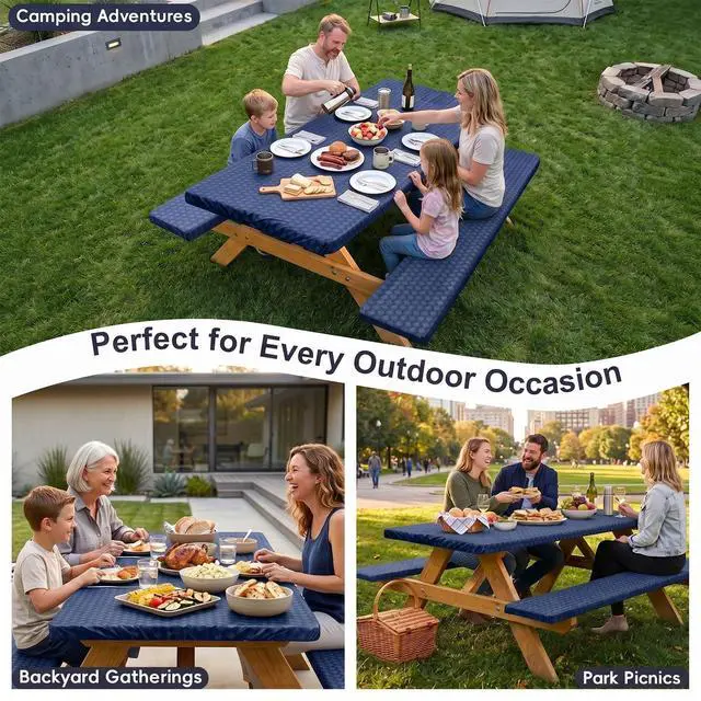 Alt view image 6 of 7 - Picnic Table Cover with Bench Covers Camping Tablecloth Set with Pocket