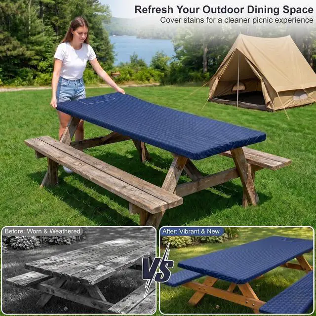 Alt view image 4 of 7 - Picnic Table Cover with Bench Covers Camping Tablecloth Set with Pocket