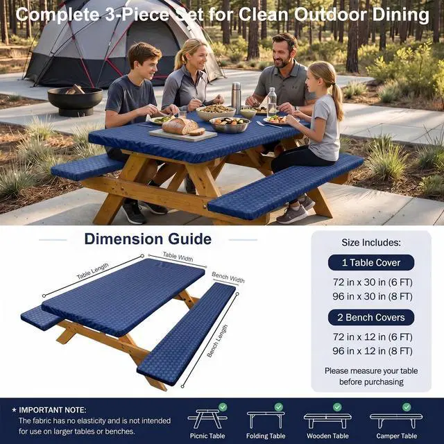 Alt view image 7 of 7 - Picnic Table Cover with Bench Covers Camping Tablecloth Set with Pocket