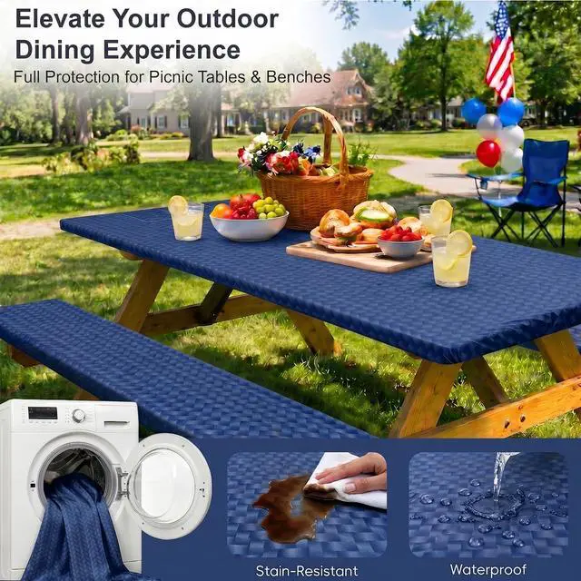 Alt view image 5 of 7 - Picnic Table Cover with Bench Covers Camping Tablecloth Set with Pocket