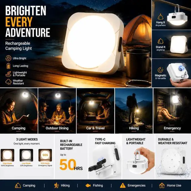 Alt view image 3 of 7 - Rechargeable LED Camping Tent Light: 2000mAh Battery Powered Tent Lantern with Magnet - Camping Essential Waterproof Flashlight for Hiking Power Outage Emergency Survival Backpacking Hurricane